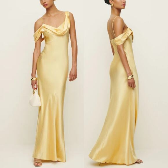 Reformation Ronda Silk Maxi Dress NEW Sunshine Yellow Asymmetrical Cowl Neck 12 - Picture 1 of 7